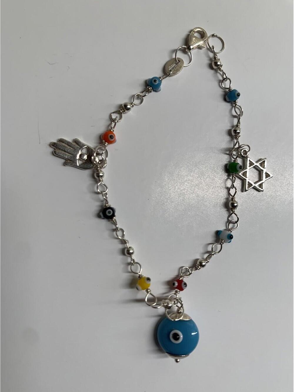 925 Sterling Silver Light Blue Evil Eye Dangling Bracelet with Star & Hamsa